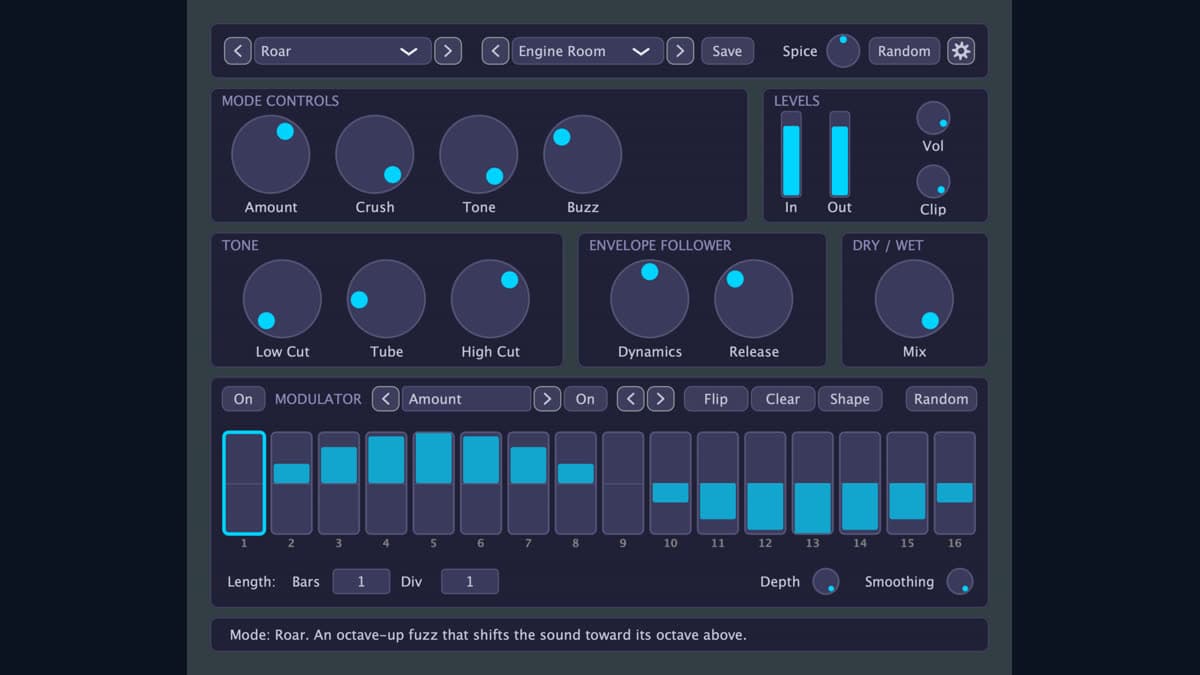 Snorkel Audio Disto Disco interface in Roar mode with Amount, Crush, Tone, and a 16-step modulator
