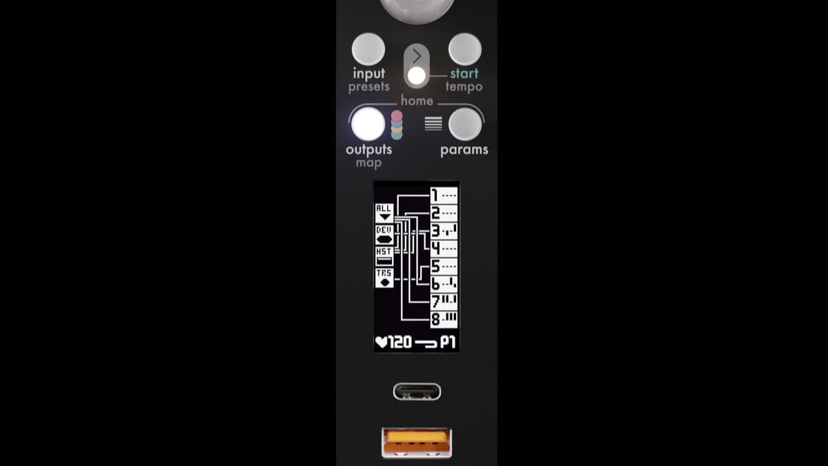 Squarp Core 6HP Eurorack MIDI-to-CV/Gate module front panel with OLED display