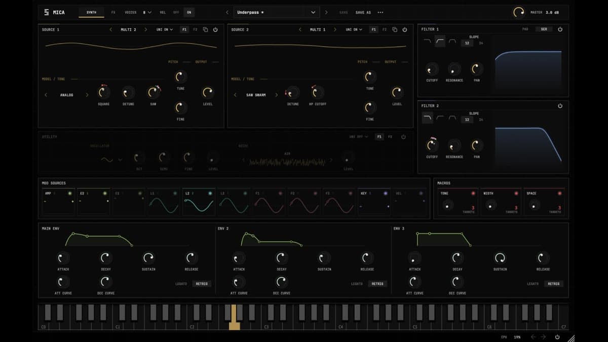 Stemwire Mica hybrid synthesizer with two sources, dual filters, and a modulation row