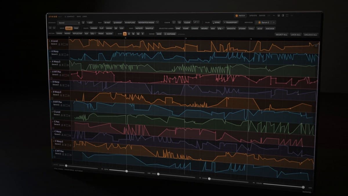 Stride Engine plugin window with a dozen colored automation lanes moving across a Serum 2 patch
