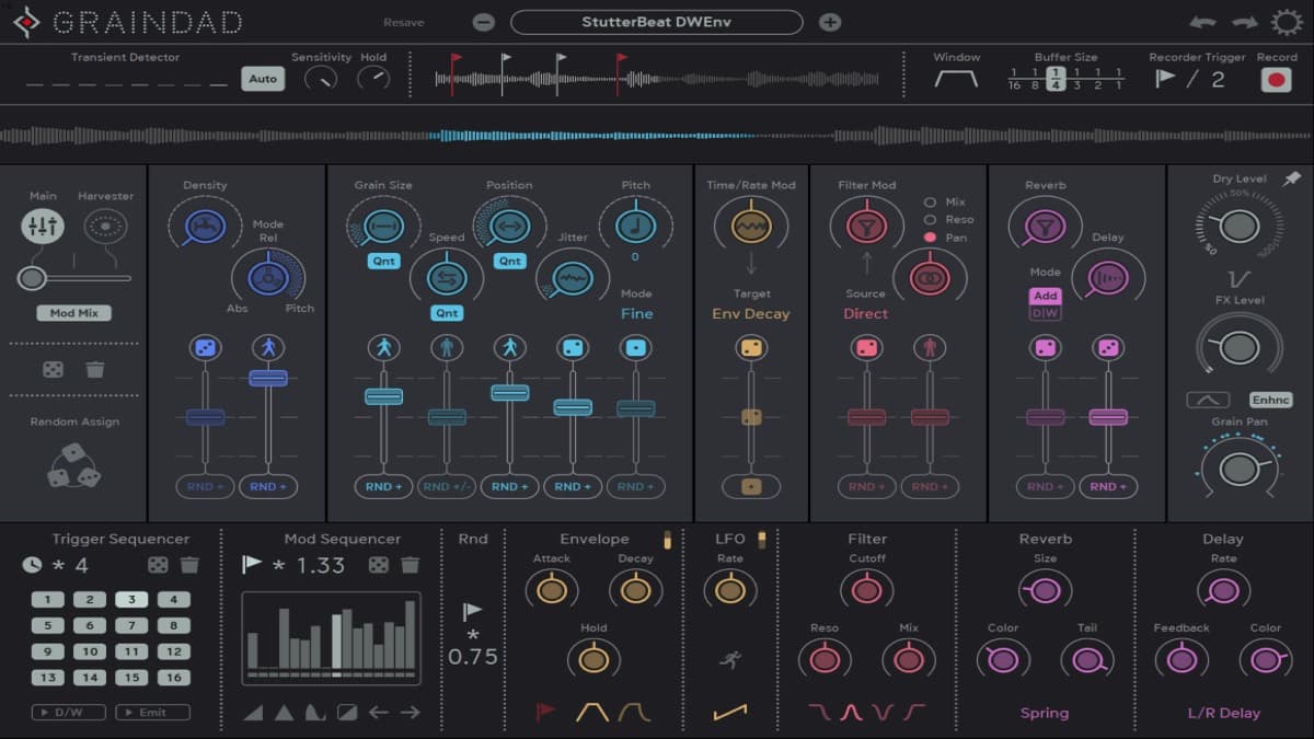 Sugar Bytes Graindad granular effect plugin interface showing grain controls and the Harvester modulation panel