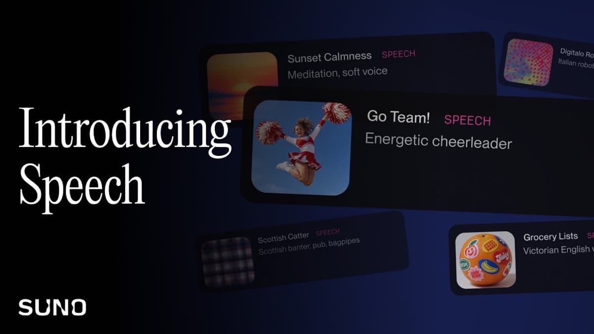 Suno Speech beta announcement artwork on a dark background