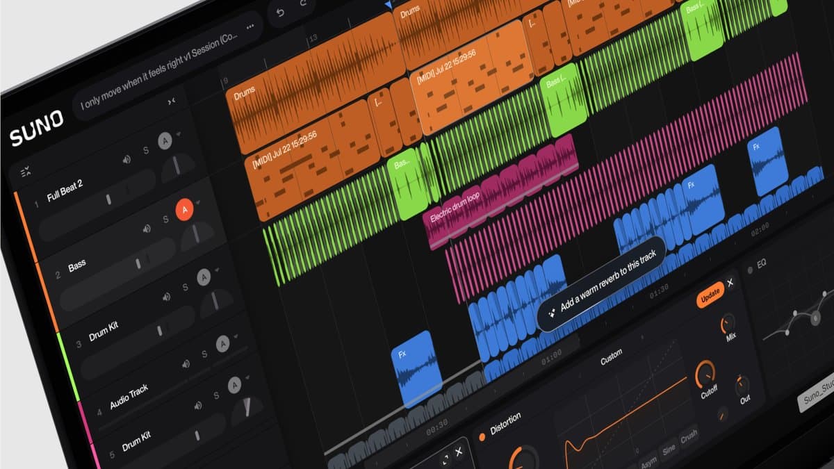 Suno Studio 2.0 browser DAW with colored MIDI and audio clips, a chat prompt, and EQ on a dark timeline