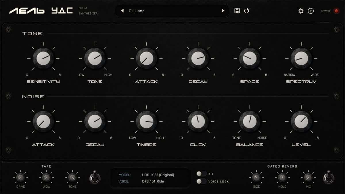 Tapechild UDS-16 drum synthesizer plugin showing 16 voice pads, model selector, tone noise and click controls, tape and gated reverb