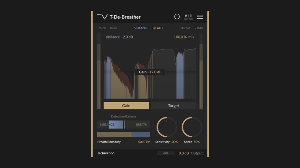 Techivation T-De-Breather breath suppression plugin interface with waveform detections