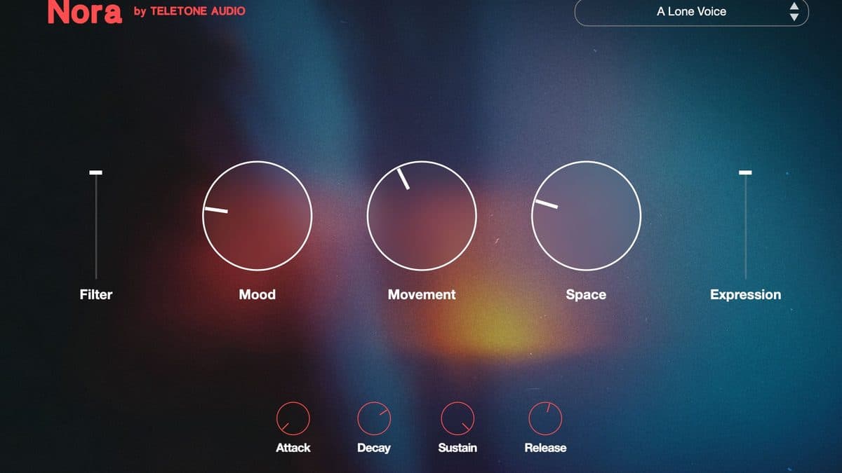 Teletone Nora instrument showing the Mood, Movement, and Space macro knobs, Filter and Expression sliders, and ADSR envelope