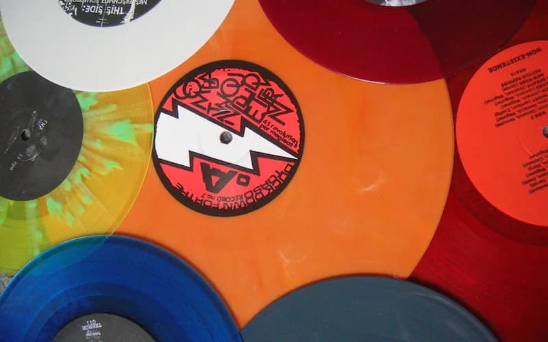 Vinyl records and turntable in a record store