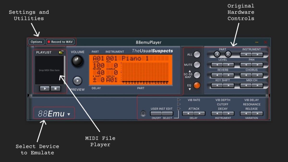 The Usual Suspects 88emu / 88EmuPlayer interface emulating a Roland Sound Canvas module