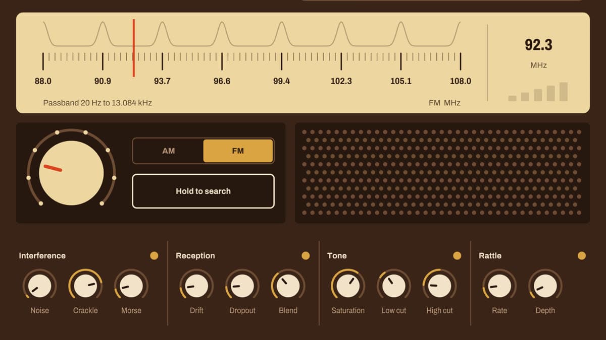 Thenatan DIAL radio plugin with the tuning dial, Warm Tube, Transistor, Shortwave, and Cheap Speaker models