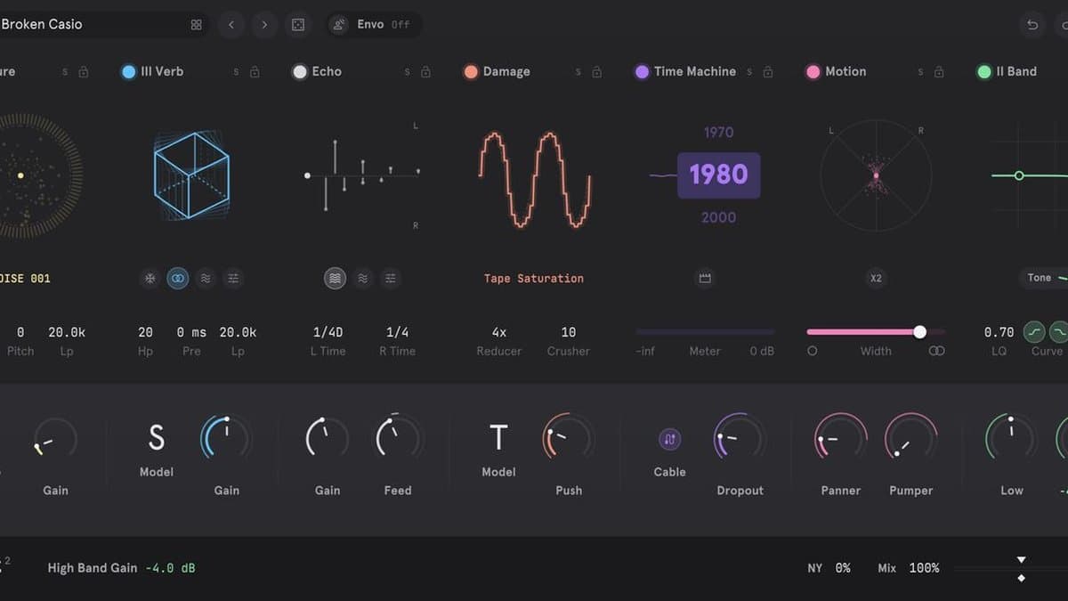 Thenatan VYBZ 2 lofi multi-effect plugin interface with Texture, III Verb, Echo, Damage, Time Machine, Motion and II Band sections
