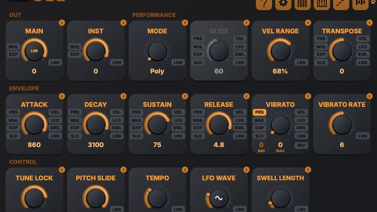 Tupos MPE Subtractive performance view with oscillators, filter, and expression badges