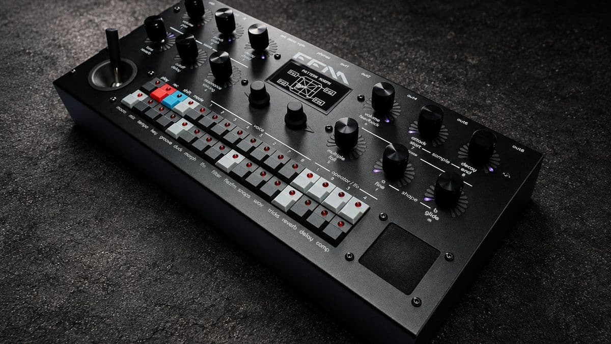 Twisted Electrons FLEXFM groovebox with joystick, LED-ringed knobs, step keys and piezo drum pad