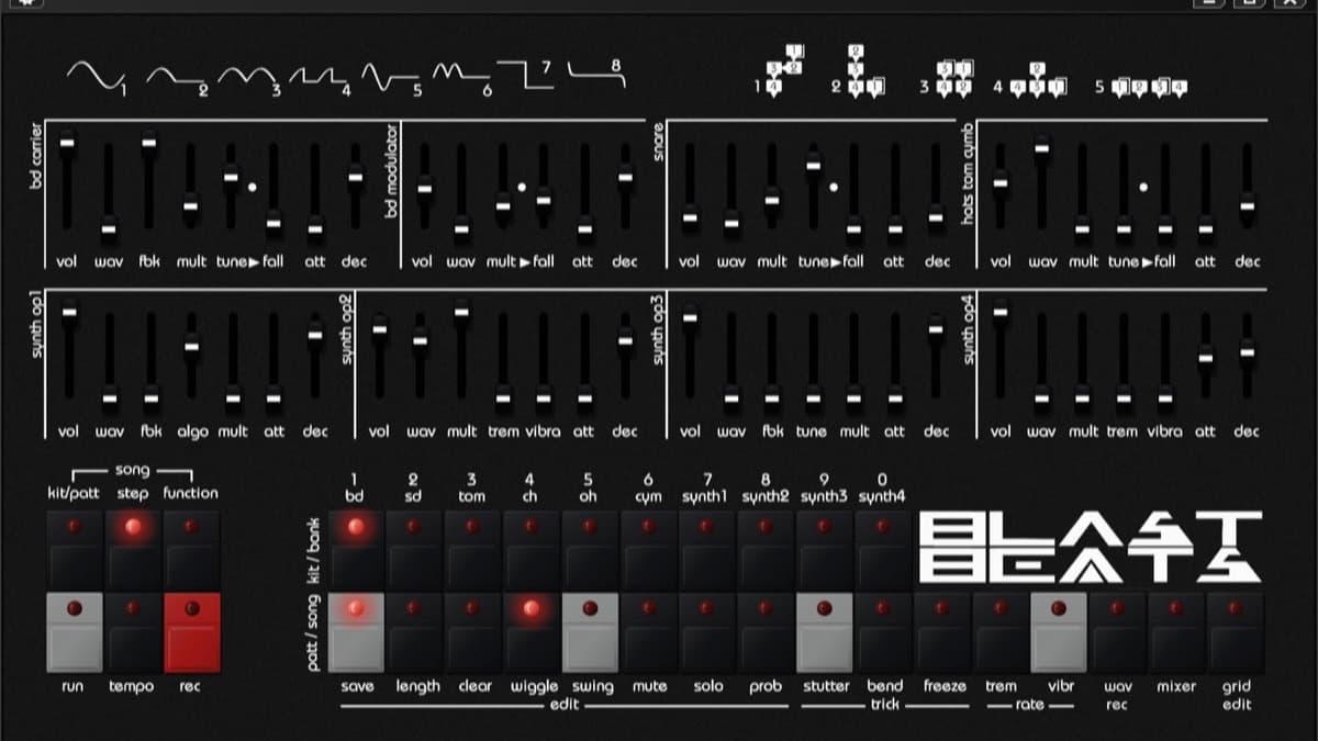 Twisted Electrons VBLASTBEATS plugin interface showing the grid editor and voice controls