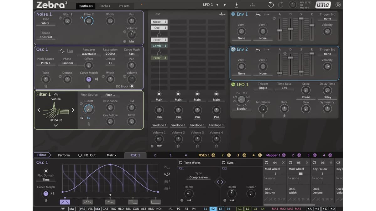 u-he Zebra 3 software synthesizer interface showing the adaptive modular routing