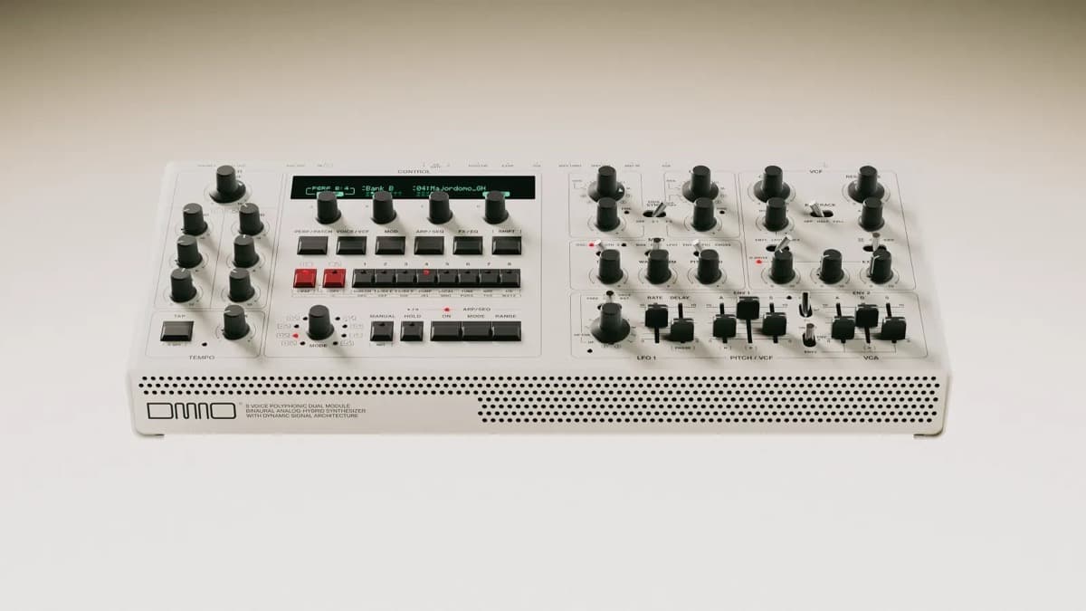 UDO DMNO ON desktop synthesizer top panel with its vacuum fluorescent display and rotary controls