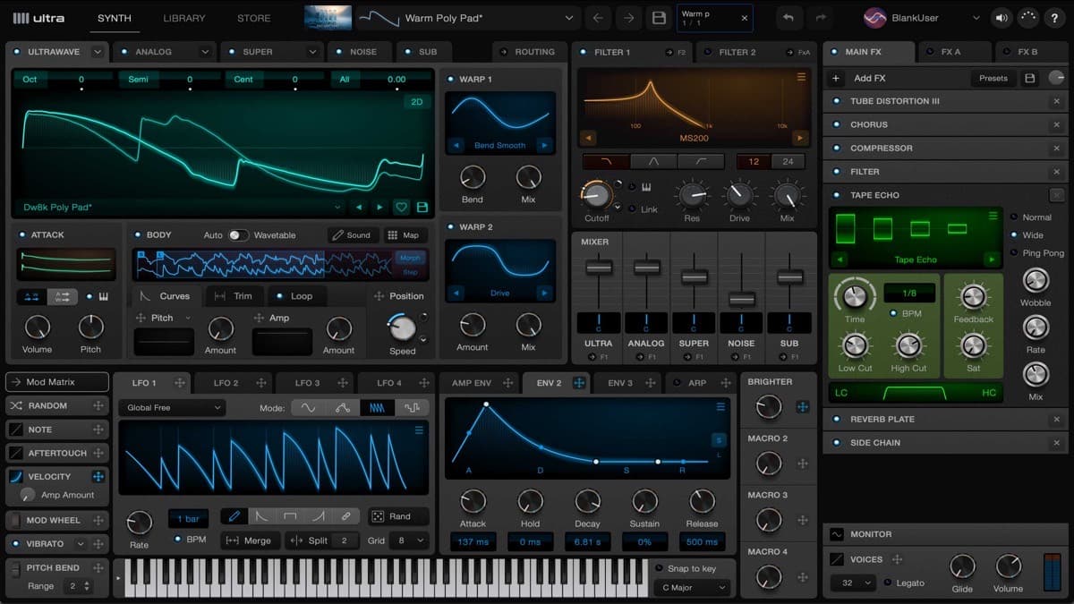 Ultra synthesizer plugin interface showing its UltraWave oscillator and modulation section