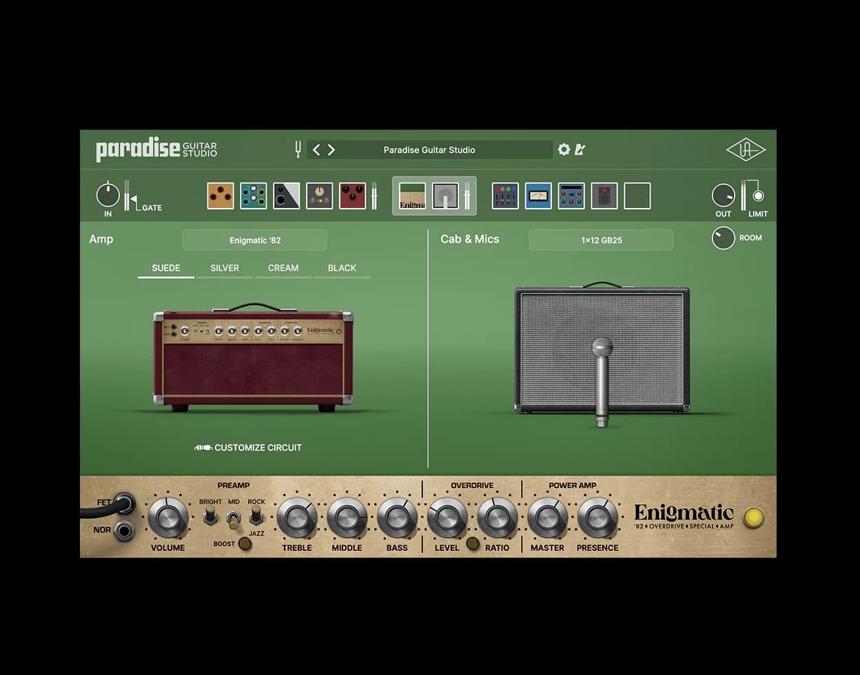 Universal Audio Paradise Guitar Studio interface showing the Enigmatic '82 amp model with cabinet and effects rack