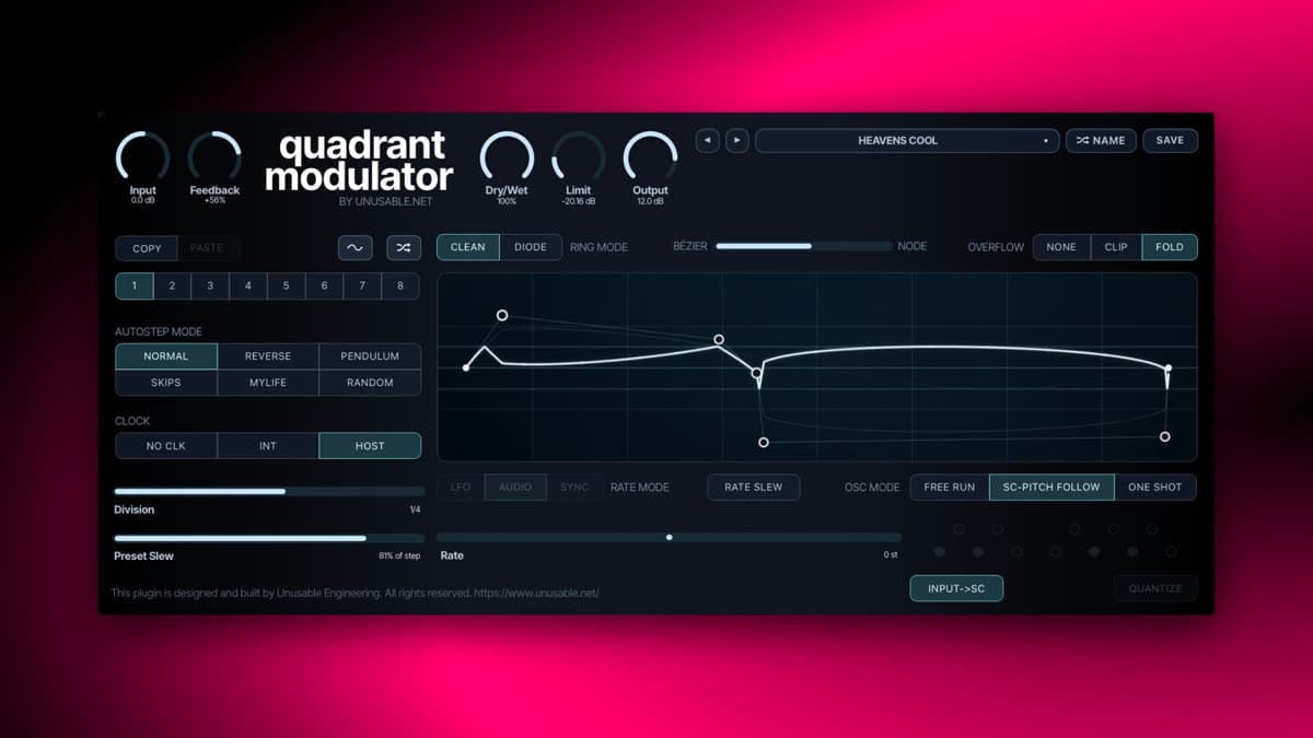 Unusable Engineering Quadrant Modulator plugin with drawable oscillator, Clean and Diode ring-mod modes, and an eight-slot waveform sequencer