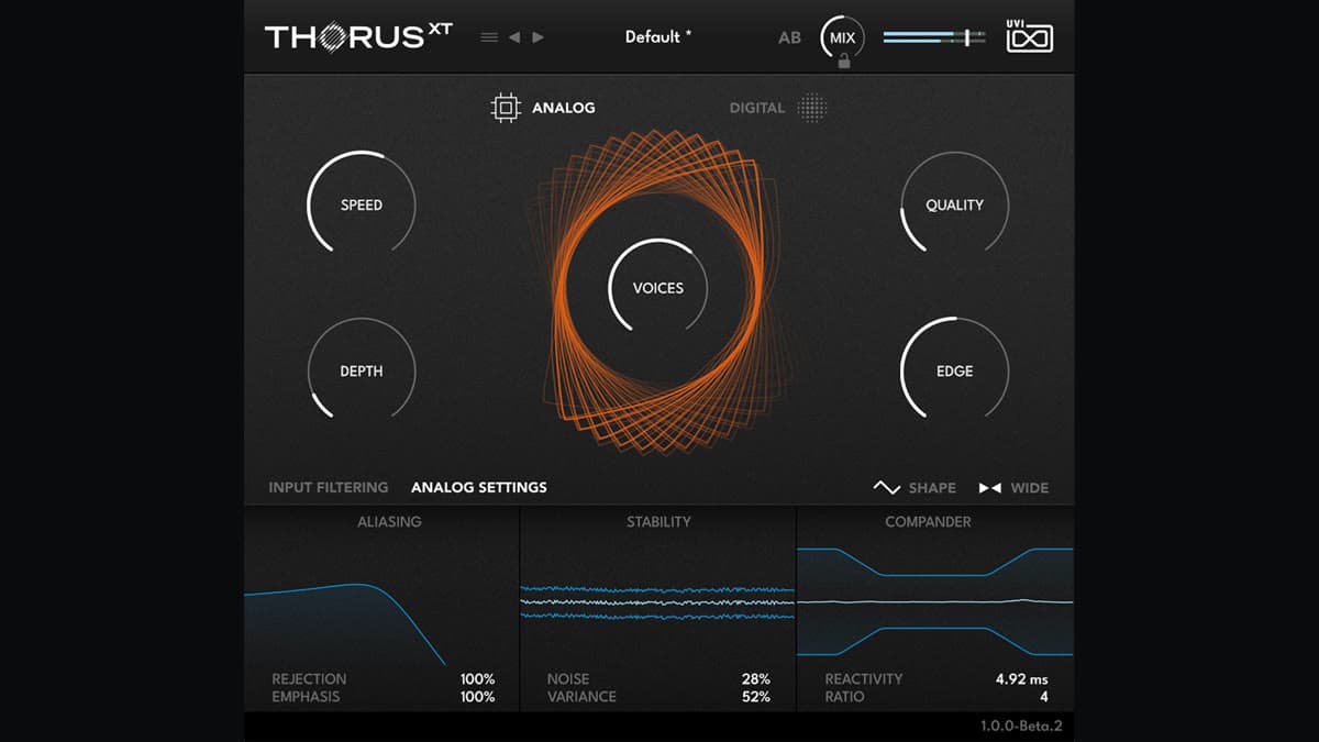 UVI Thorus XT dual-engine chorus plugin showing Analog and Digital modes with morphable voices