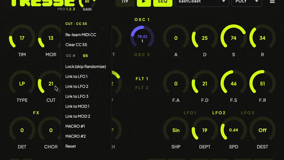Våld Labs Tresse synth page showing engine selection, oscillator, morphing SEM-style filter, envelopes, LFO, and effects