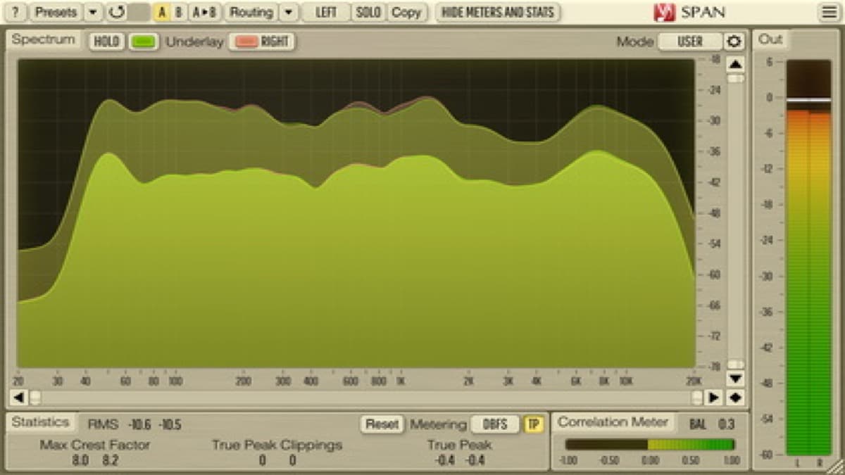 Voxengo SPAN free FFT spectrum analyzer plugin interface
