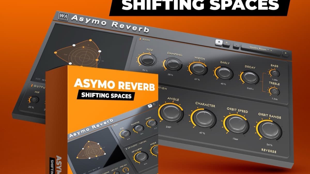 W.A. Production Asymo Reverb plugin interface showing the geometric room display with draggable boundary nodes and orbital motion controls