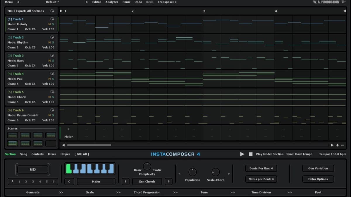 InstaComposer 4 plugin interface showing multi-track MIDI generation, scenes and the built-in mixer