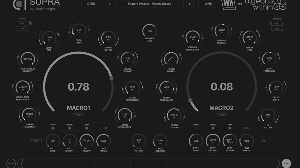 W.A. Production Supra hybrid granular synthesizer showing twin MACRO1 and MACRO2 hubs, grain, filter, comb, and delay controls