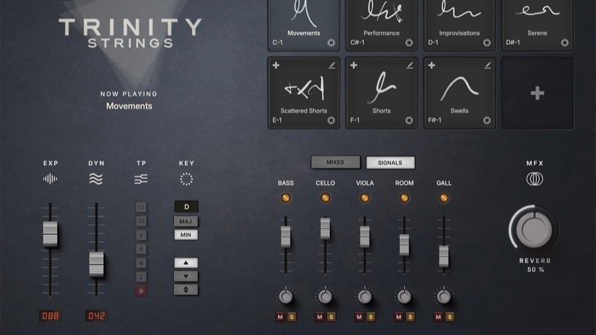 Westwood Trinity Strings plugin interface showing the full instrument UI with mic mixes and articulation controls