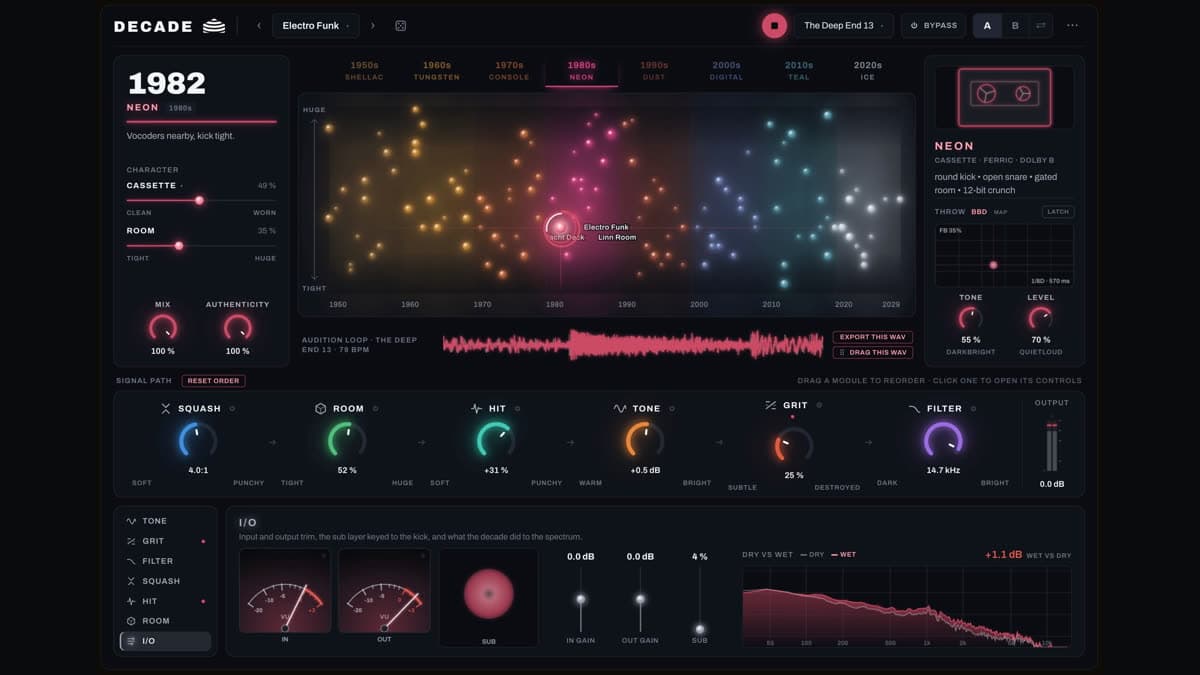Yurt Rock DECADE plugin with a year timeline from 1950, a vertical room axis, and console, room, and medium controls