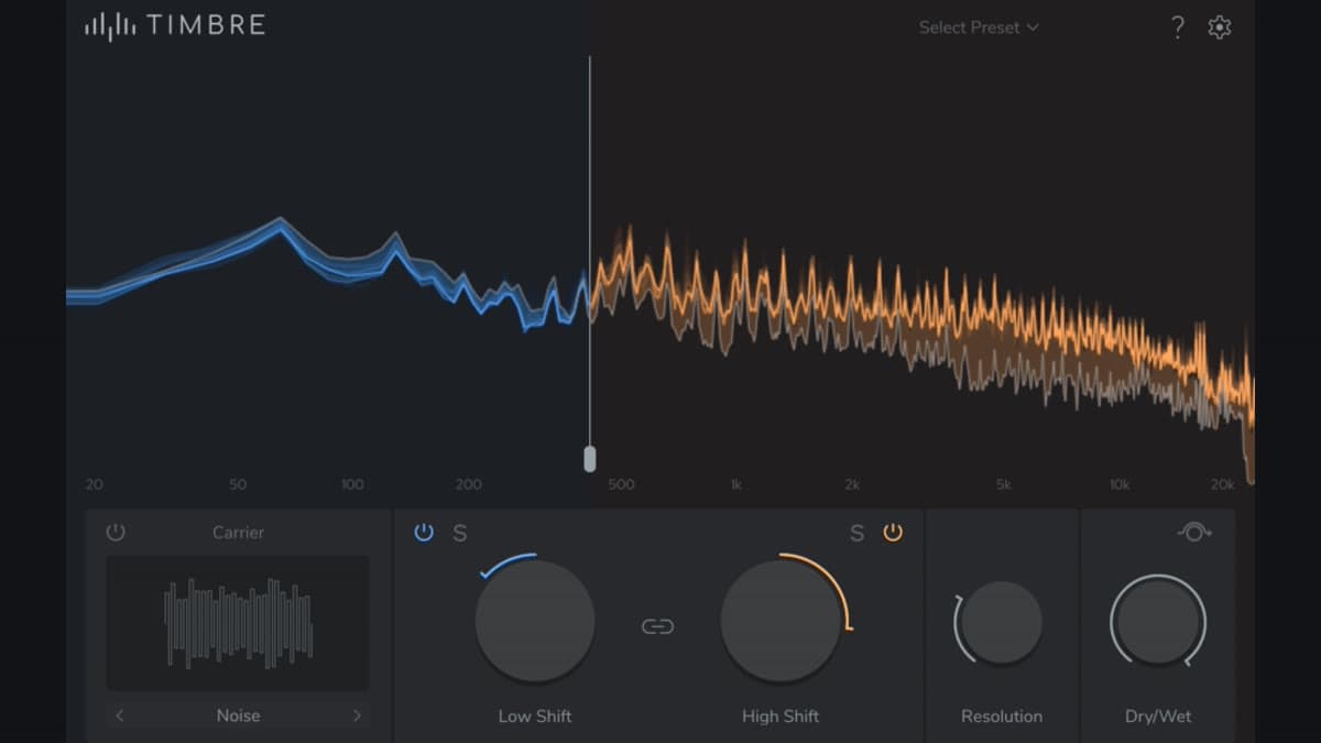 zplane TIMBRE plugin with dual-band formant shift, carrier noise, resolution, and dry/wet controls